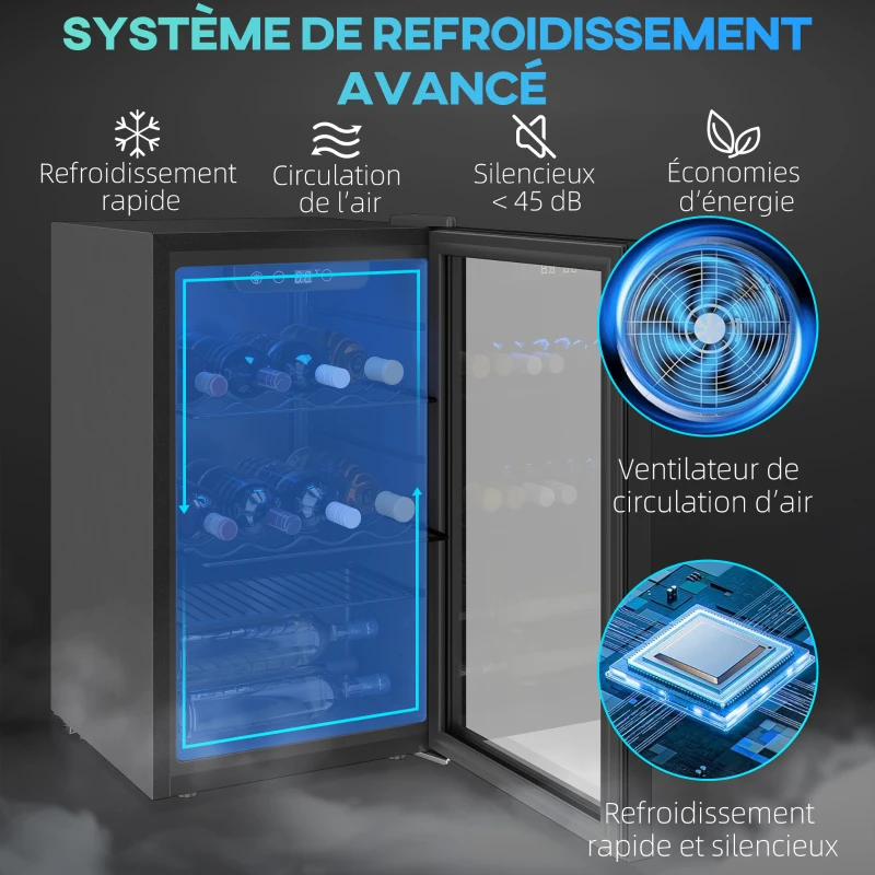 HOMCOM Cave à vin 24 bouteilles 68L, réfrigérateur à vin et boissons avec température réglable 4-16 °C, porte réversible, noir