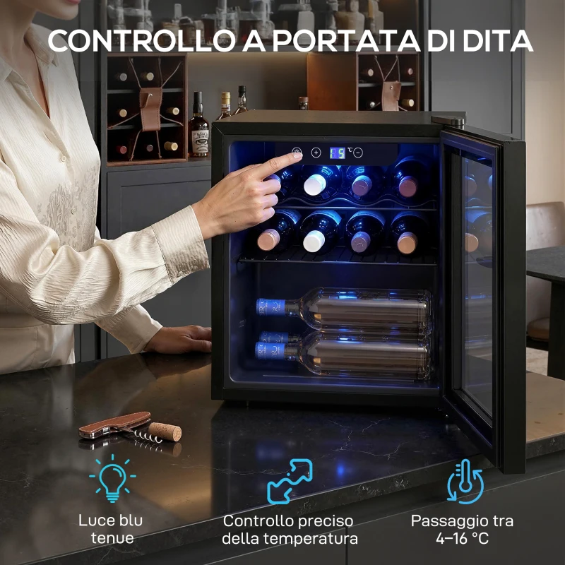 HOMCOM Cantinetta Vino Refrigerata 12 Bottiglie 36L, Temperatura Regolabile 4-16°C con Vetro Anti UV, Nera
