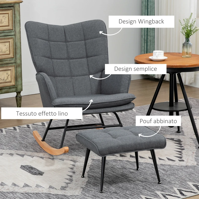 HOMCOM Sedia a Dondolo con Pouf in Tessuto Effetto Lino e Legno con Cuscino, Braccioli, Capacità 130 kg, Grigio