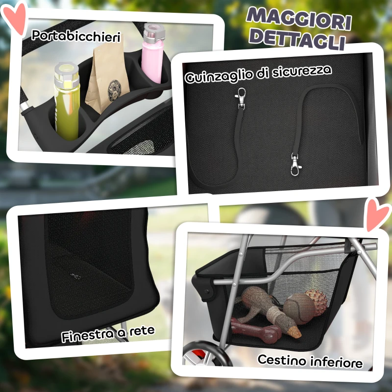 PawHut Passeggino per Cani Pieghevole con Cestino e Portabicchiere, Peso Max. 10 kg, 77x44x102 cm, Nero