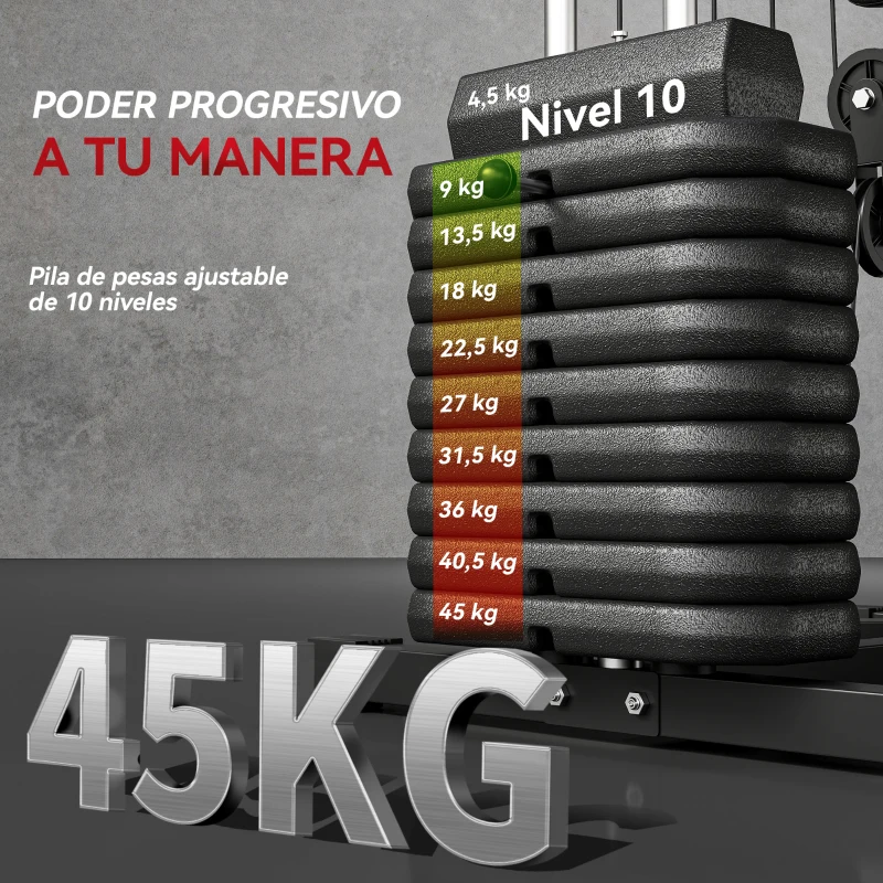 HOMCOM Máquina de Musculación con Pesas Ajustables de 45 kg Prensa de Pecho y Piernas Polea 135x103x210 cm Negro