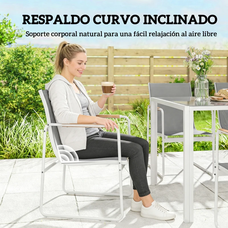 Outsunny Conjunto de Mesa y Sillas Jardín con Mesa de Vidrio Templado y 6 Sillas Transpirables para Terraza Patio Blanco y Gris