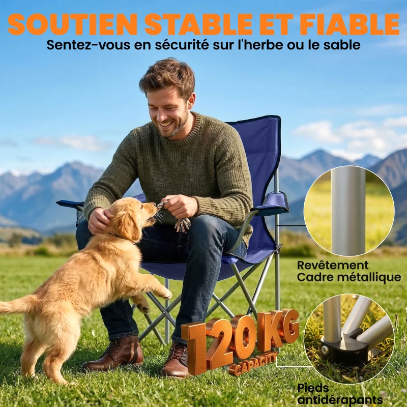 Outsunny Lot de 2 Chaises de Camping Pliantes avec Porte-Gobelet, Sac de Transport, Dossier Haut, 88x57x97cm, Bleu Foncé