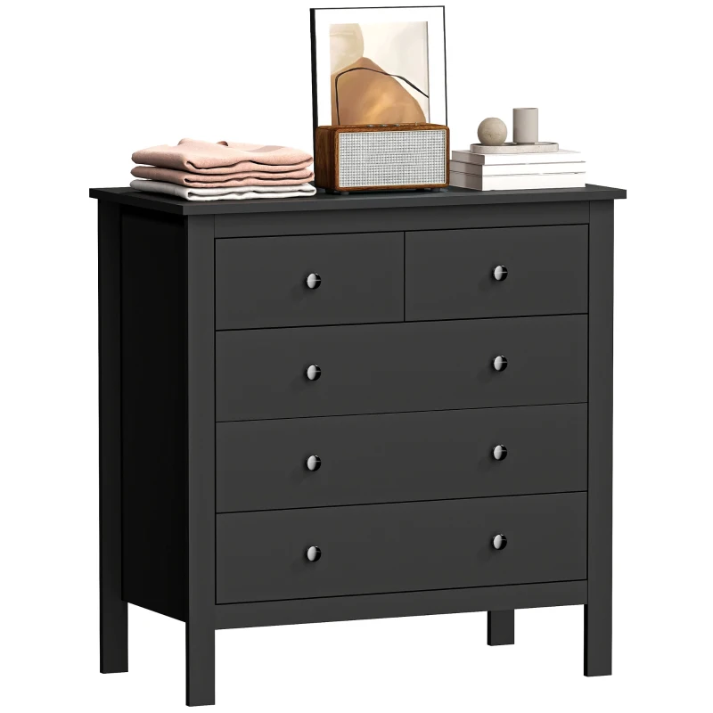 HOMCOM 5 Drawer Dresser for Bedroom, Modern Chest of Drawers, Wide Storage Unit for Living Room, Hallway, Black