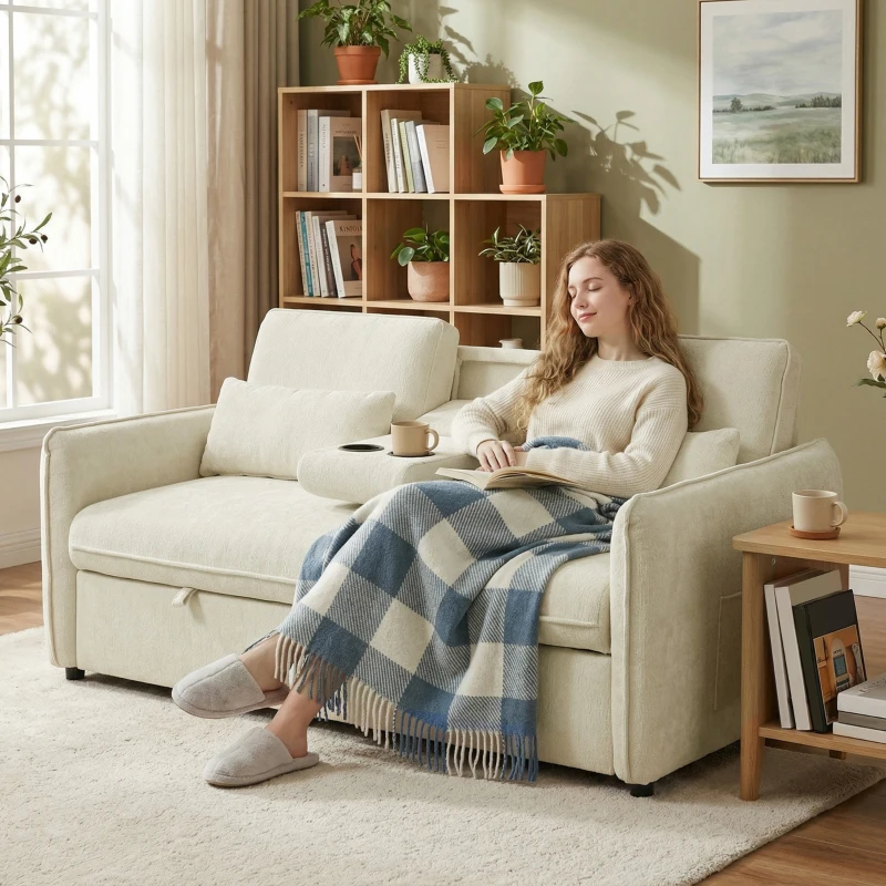 HOMCOM Sofá convertible 2 plazas 3 en 1, sofá cama clic-clac en chenilla con respaldo ajustable, portavasos, beige