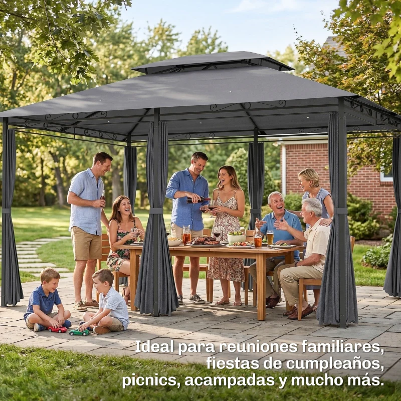 Outsunny Cenador para Jardín 3x4 m Pabellón de Jardín Gazebo con Doble Techo 6 Paredes Laterales Estructura Metálica Gris