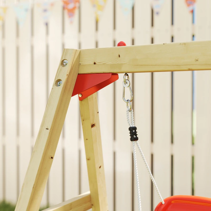 Outsunny Parque Infantil Exterior de Madera con Columpio Tobogán Volante Bocina Teléfono para Patio Césped Rojo y Natural