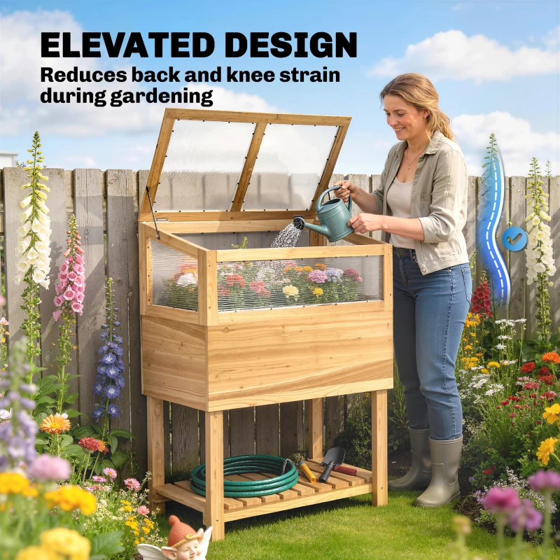 Outsunny Podwyższona grządka z inspektem z drewna, podwyższony doniczkowiec z otwieraną pokrywą, półką, włókniną, ergonomiczny