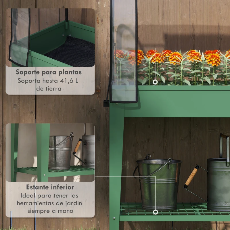 Outsunny Huerto Urbano Elevado con Ruedas Cubierta de Invernadero y Estante Inferior para Cultivo Plantas 80x40x120 cm Verde