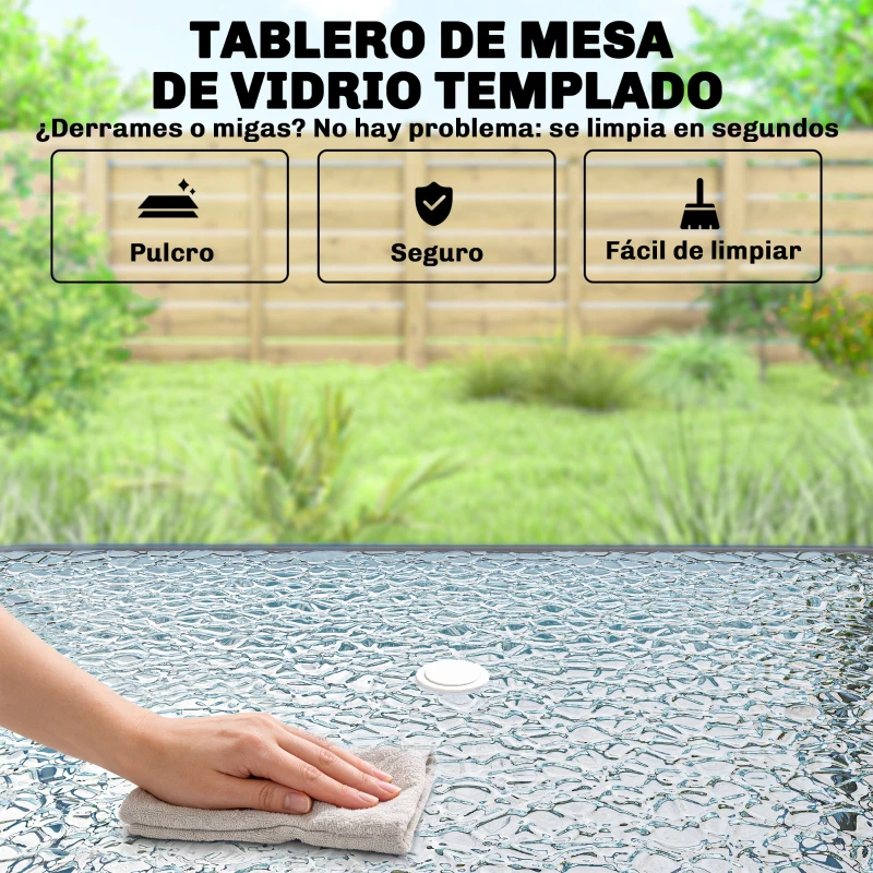 Outsunny Conjunto de Mesa y Sillas Jardín de 8 Piezas con Sombrilla 6 Sillas Plegables Mesa de Vidrio Templado Gris