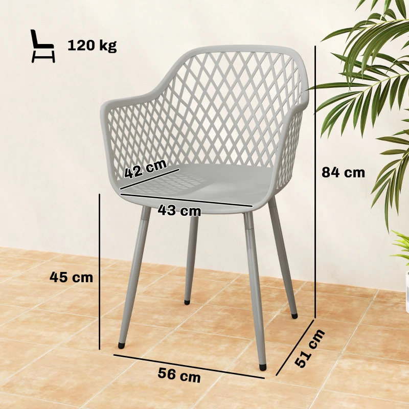 Outsunny Juego de 4 Sillas de Jardín Exterior de PP con Respaldo Diamante Asiento Anti-UV Reposabrazos y Patas Metálicas Gris