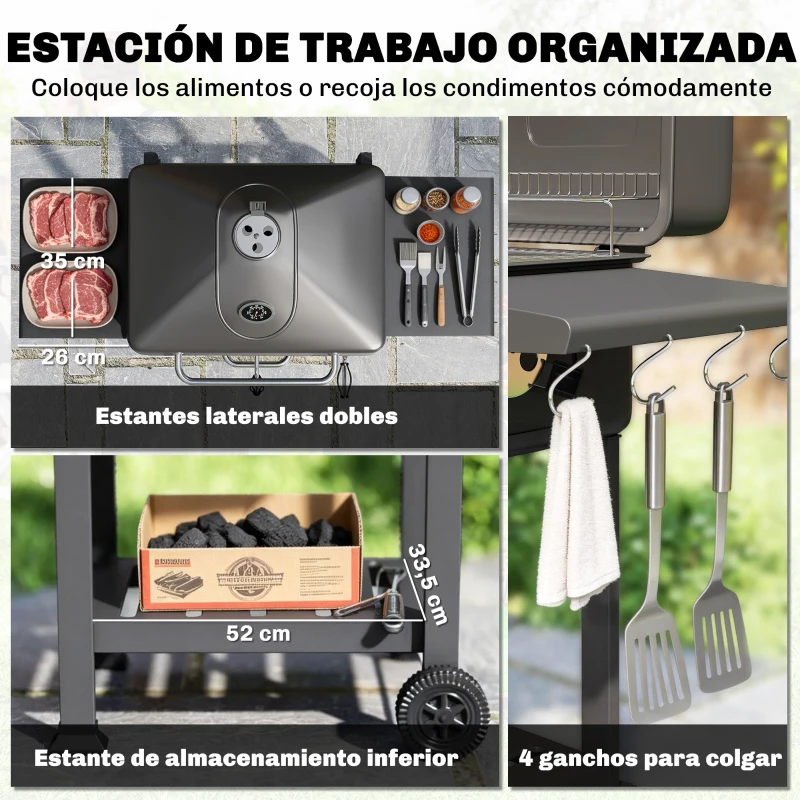 Outsunny Barbacoa de Carbón con Bandeja y Ventilación Ajustable Estantes Laterales Ruedas Termómetro Tapa y Puerta