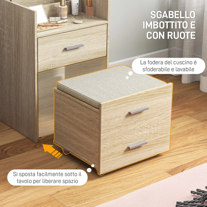 HOMCOM Tavolo da Trucco con Specchio a Ribalta, Cassetti e Sgabello, in Legno e Tessuto Effetto Lino, color Legno