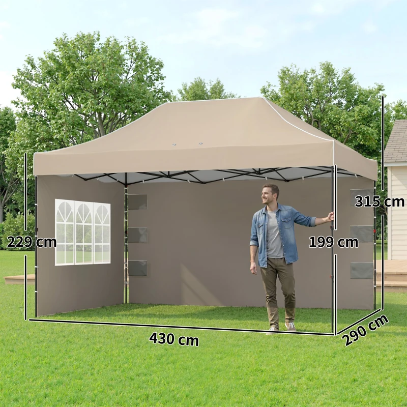 Outsunny Gazebo Pop Up Pieghevole con Pareti Laterali e Finestre, 2.9x4.3 m, in Metallo e Tessuto Oxford, Marrone Sabbia