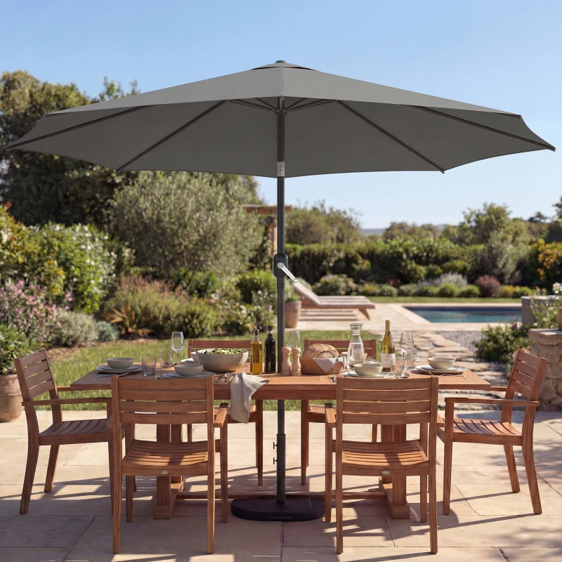 Outsunny Parasol de jardin extérieur rond Ø 3 x 2,5 m parasol droit inclinable Base et Poids Sable, nervure rétractable, Gris Foncé