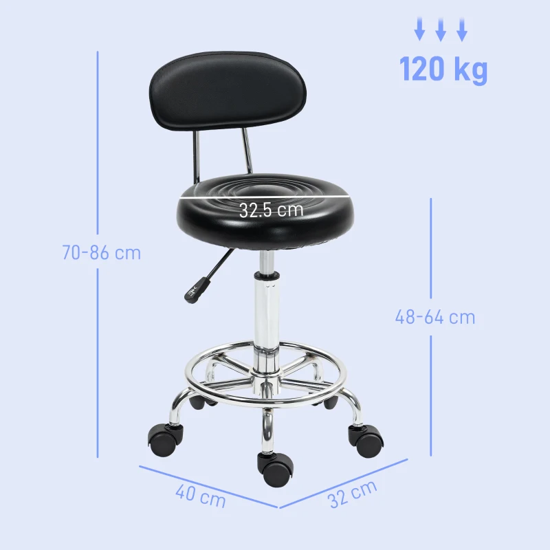 HOMCOM Scaun Rotativ Reglabil la 360°, Scaun Estetician cu Spătar, Roți și Suport pentru Picioare, din Oțel, Piele Sintetică, 32x40x70-86 cm, Negru