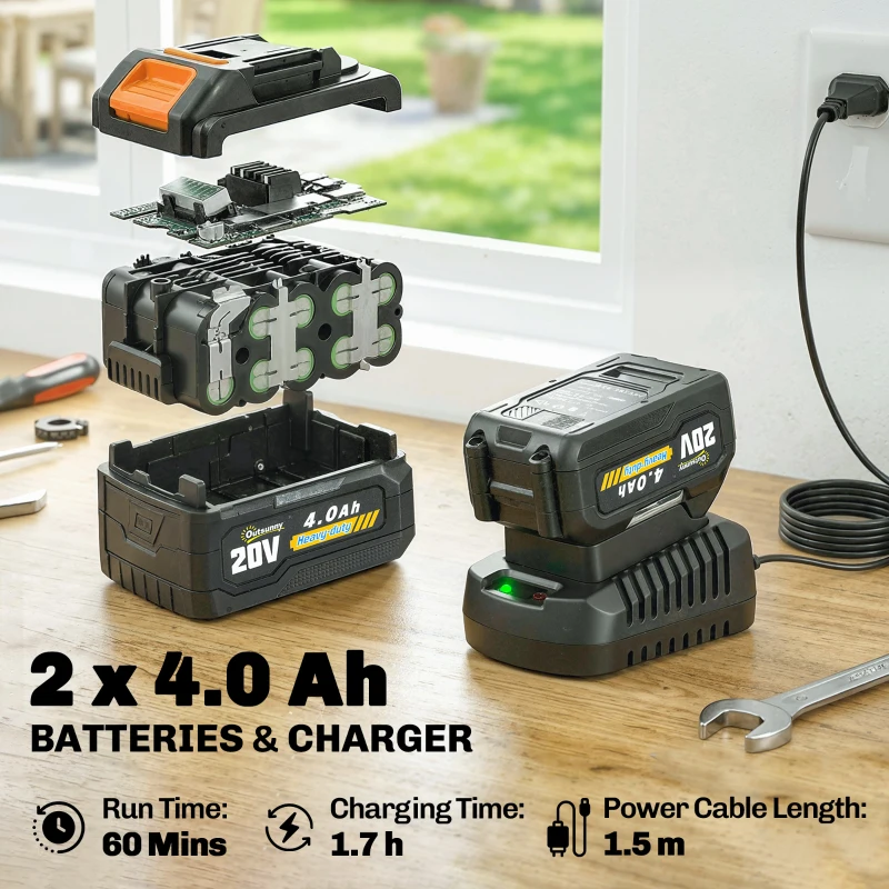 Outsunny Akumulatorowy trymer do trawy 21V z 2x4,0Ah akumulatorami, ładowarką, 25 cm szerokości cięcia, regulowanym teleskopowym uchwytem