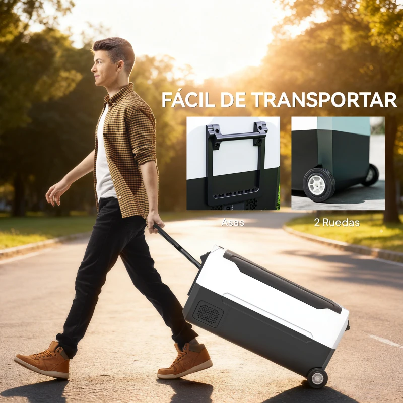 HOMCOM Nevera Compresor 30,5L -20℃-20℃ 12 / 24V DC y 100-240V CA con 2 Ruedas y Compartimento Congelador 72,6x39x37,3 cm Negro