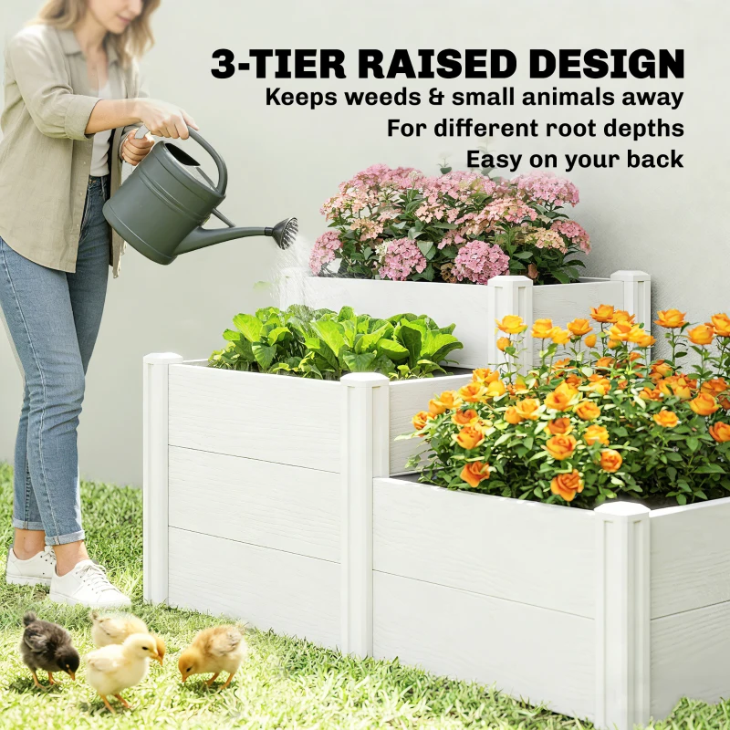 Outsunny Podwyższona Skrzynia Ogrodowa 3-poziomowa z Otwartym Dnem, Modułowe Ziołowe Łóżko DIY z Winylu