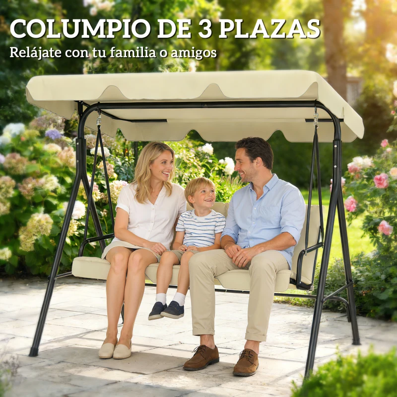 Outsunny Balancín de Jardín Exterior Columpio de 3 Plazas con Toldo Ajustable y Marco de Acero 172x118x153 cm Beige