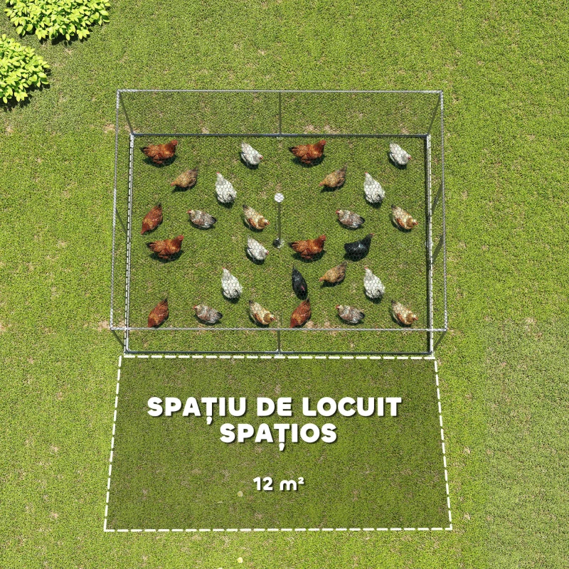 PawHut Țarc pentru Găini de Exterior, 4x3x2m 12㎡ Adăpost pentru Găini din Oțel Galvanizat cu Acoperiș Impermeabil Anti-UV și Închidere Dublă, Coteț pentru Păsări, Animale Mici, Iepuri și Rațe