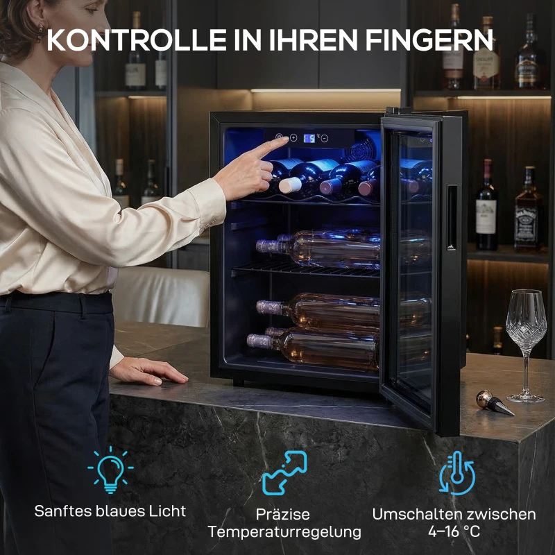 HOMCOM Weinkühler für 16 Flaschen, 48 L Kapazität, 4–16°C, Unterbau Kühlschrank für Getränke und Bier, mit Glastür, LED-Licht