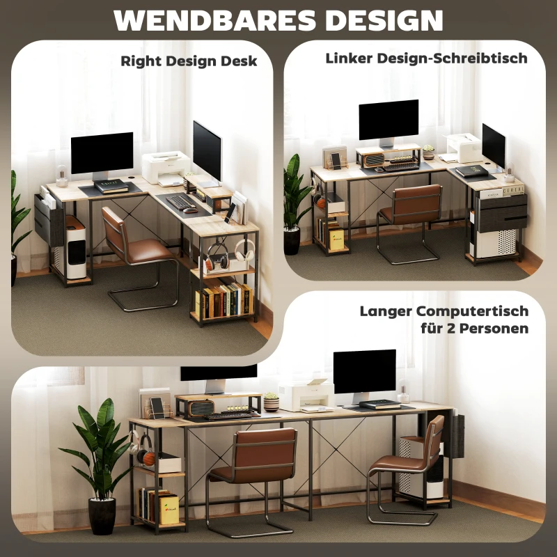 HOMCOM L-förmiger Schreibtisch, Vielseitiger Bürotisch mit einstellbaren Regalen und Aufbewahrungstasche, Monitorständer, Natur