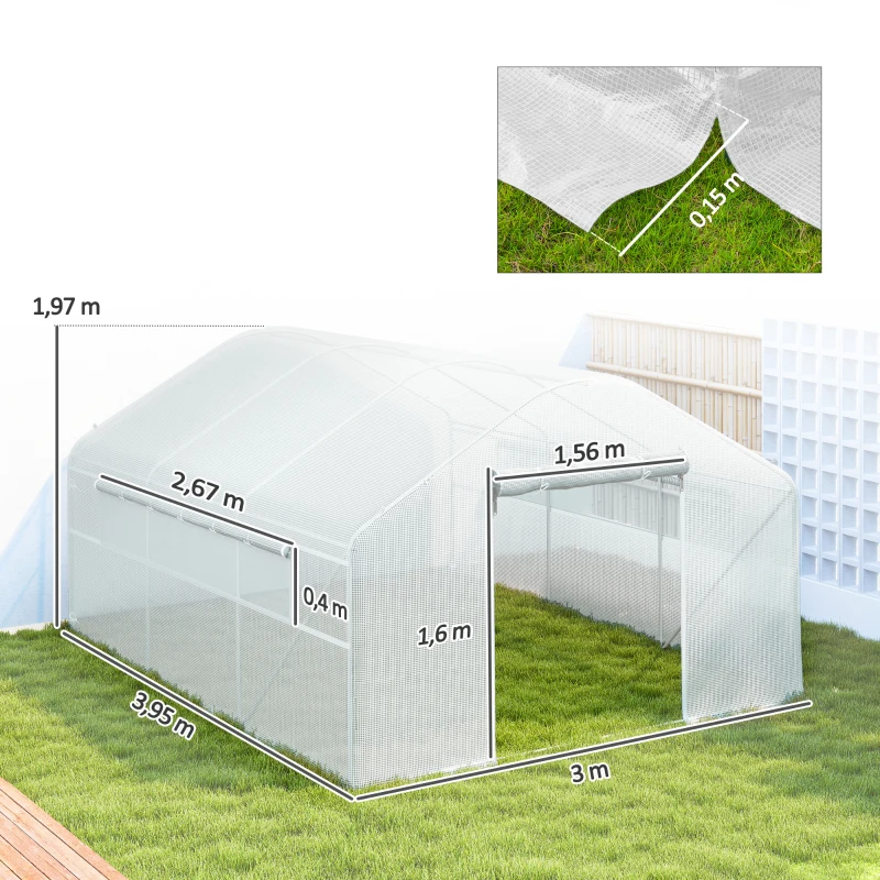 Outsunny Estufa tipo Túnel 4x3x2 m Estufa de Exterior com 2 Janelas Cobertura PE Anti UV e 1 Porta de Enrolar Branco