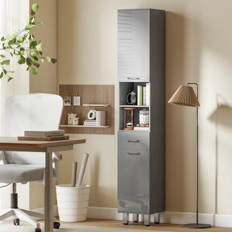 kleankin Badezimmerschrank, Badkommode, mit Regalen und Schublade, verstellbar, Grau