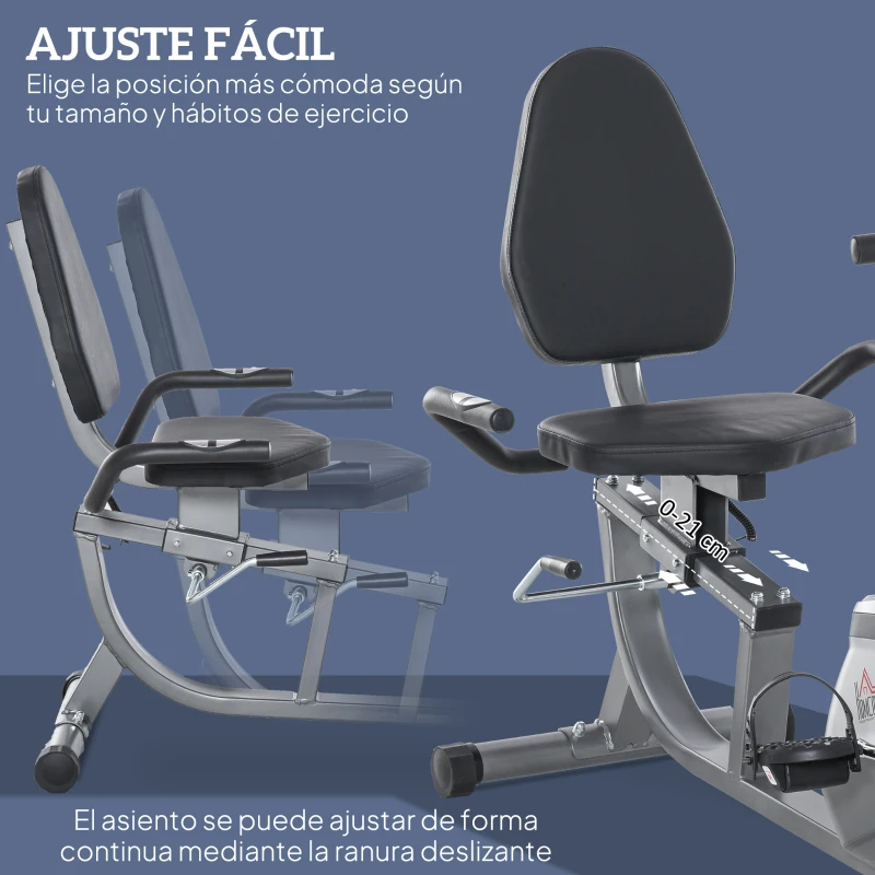 HOMCOM Bicicleta Estática con Respaldo, 8 Niveles Resistencia Magnética, Bicicleta Estática para Casa, con Volante, Asiento Ajustable, Monitor LCD, Pulsómetro, Soporte de Teléfono y Ruedas, Gris
