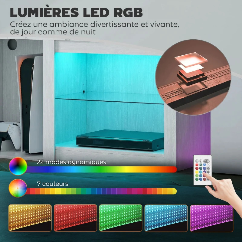 HOMCOM Meuble TV avec éclairage LED pour télévision jusqu'à 70 pouces, 160cm avec étagères en verre réglables, blanc