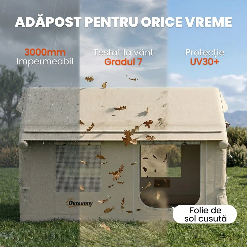 Outsunny Corturi Gonflabile Impermeabile pentru Glamping cu Orificiu pentru Sobă pentru 6-8 Persoane