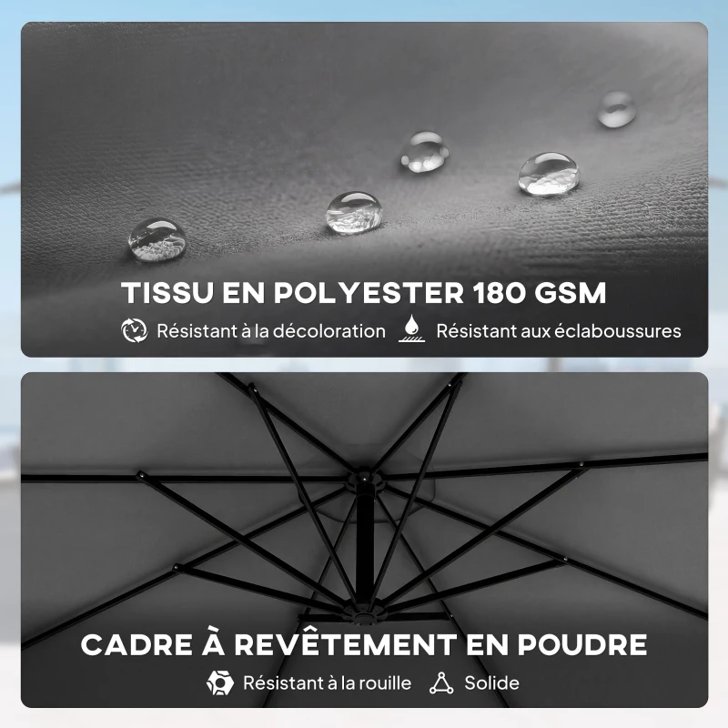 Outsunny Parasol Déporté Parasol de Jardin Extérieur Double Cordes de Fixation et Housse de Protection Manivelle Gris Foncé