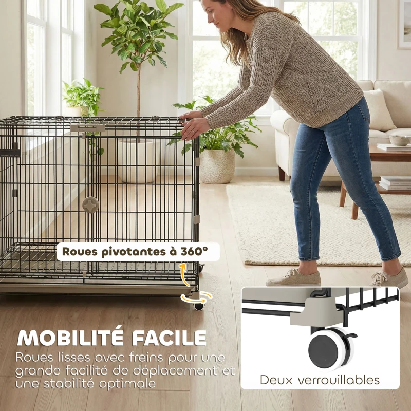 PawHut Cage pour Chien Pliable, Plateau Amovible, Roues avec Freins, Toit Ouvrant, Porte de Nourrissage, 75,5x46x64,5cm, Noir