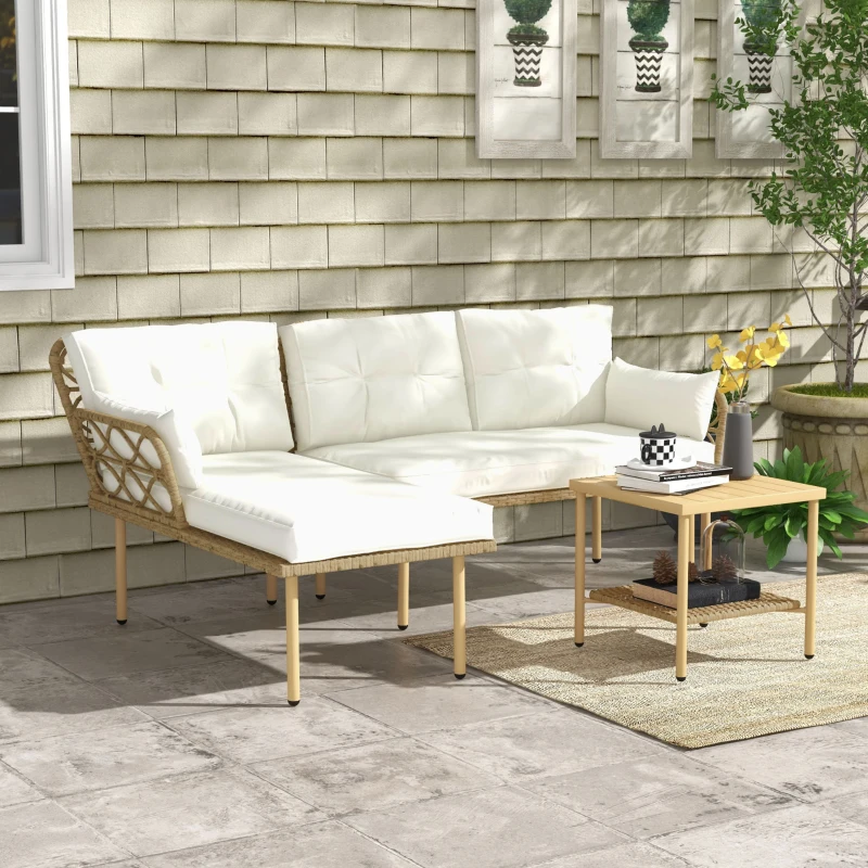 Outsunny Salon de jardin d'angle 4 pers. 3 pièces avec 1 table basse coussins grand confort inclus résine tressée crème