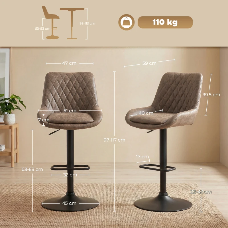 HOMCOM Set of Two Faux Leather Retro Bar Stools - Brown