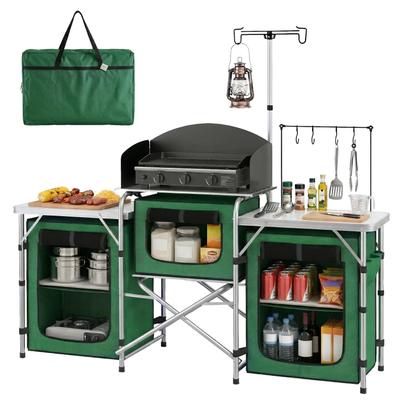 Outsunny Móvel de Cozinha para Campismo Dobrável com 3 Mesas 4 Ganchos Poste de Luz e Bolsa de Transporte 172x48x119 cm Verde