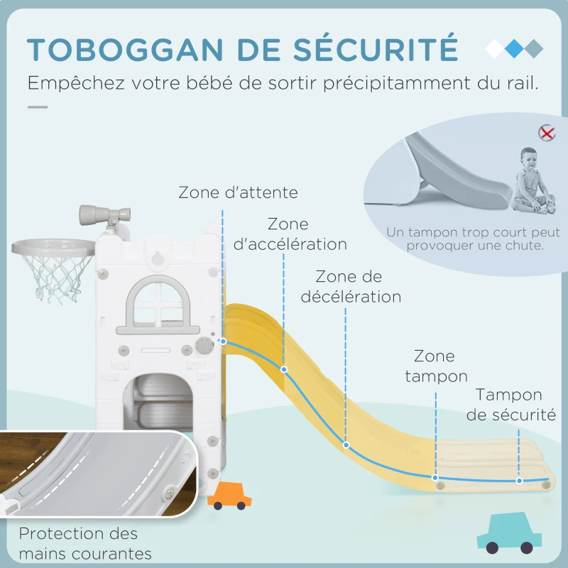 AIYAPLAY Toboggan pour enfants 5 en 1 avec panier de basket escalade télescope espace de rangement 70 x 177 x 92 cm gris