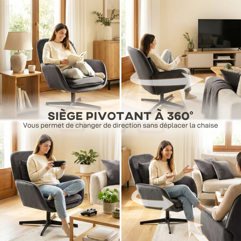 HOMCOM Fauteuil salon, fauteuil d'appoint rembourré en velours avec large assise, coussin et structure en métal, gris foncé