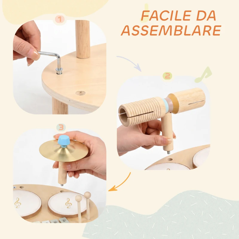 AIYAPLAY Set di Strumenti Musicali per Bambini da 2+ Anni con Tamburi e Xilofono, Colore Legno