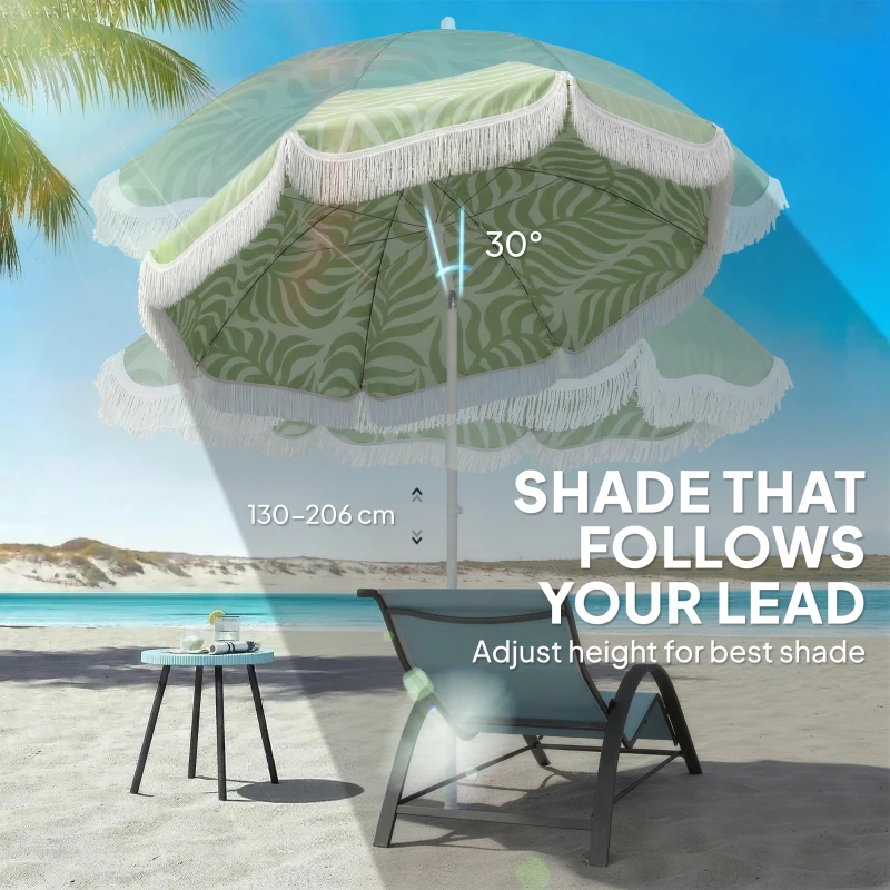 Outsunny 1.8 m Beach Umbrella Parasol with Sand Anchor, Portable Tilting Garden Parasol with Adjustable Height, Green