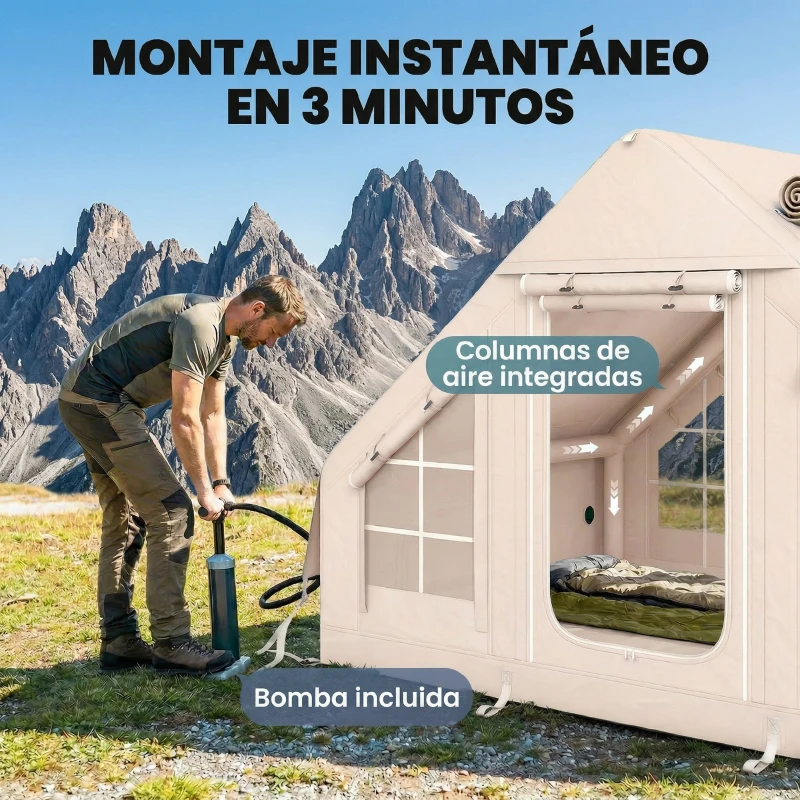 Outsunny Tienda de Campaña Inflable con Apertura de Chimenea y Claraboya Bomba Bolsa UPF30+ para 4 Estaciones Impermeable 5000+