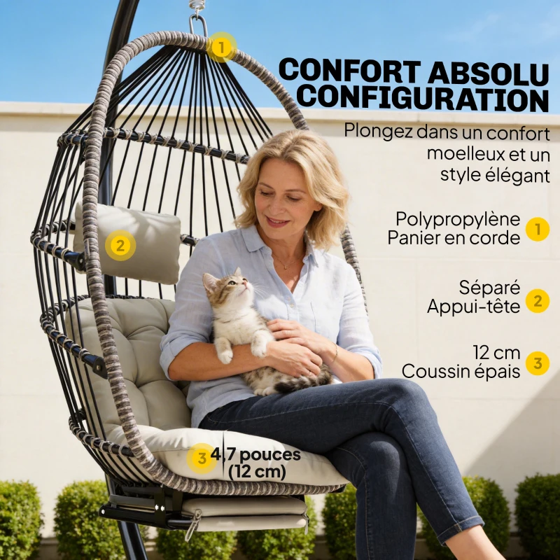 Outsunny Fauteuil suspendu avec support, chaise suspendue pliante avec repose-pieds rétractable, gris clair