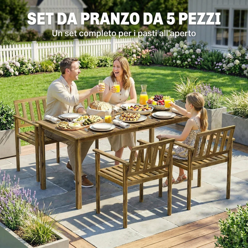 Outsunny Set da Pranzo da Giardino 5 Pezzi, Tavolo e Sedie per 4 Persone, Teak