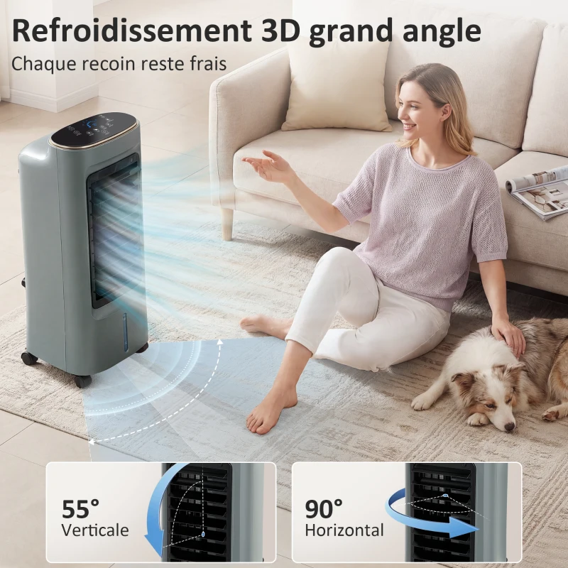 HOMCOM Refroidisseur d'air mobile 4 en 1 humidificateur purificateur ventilateur, oscillation 90°, 4 vitesses, 3 modes, gris
