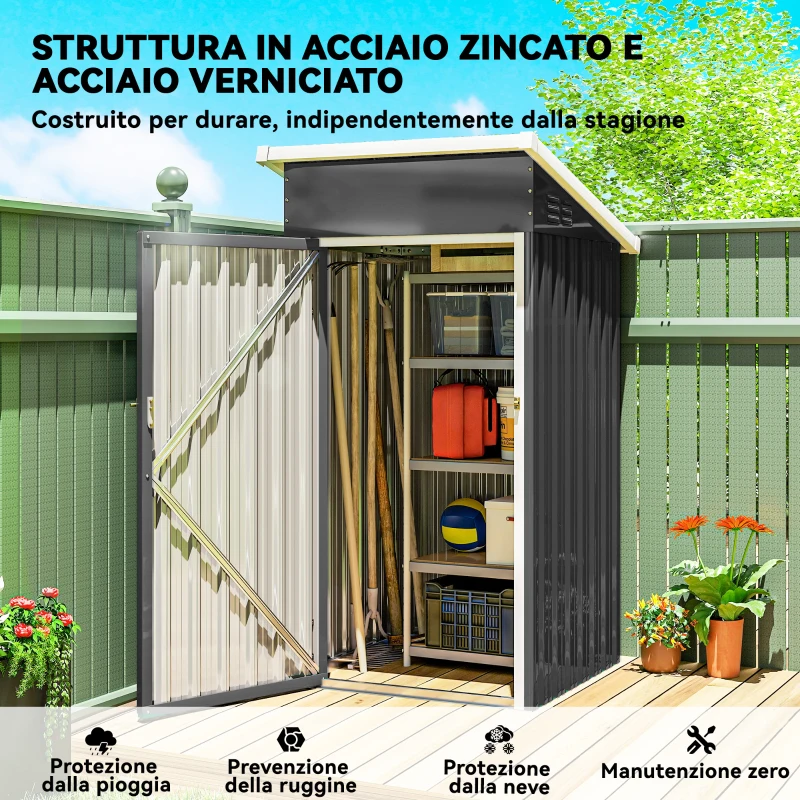 Outsunny Casetta da Giardino in Acciaio con Prese d'Aria e Porta Bloccabile, 107.5x91x185 cm, Grigio Scuro
