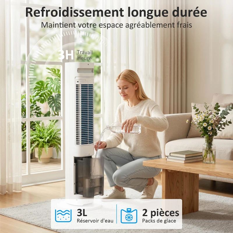 HOMCOM Refroidisseur d'air colonne 3 en 1 refroidisseur humidificateur ventilateur, oscillation 48°, 3 vitesses 3 modes, blanc