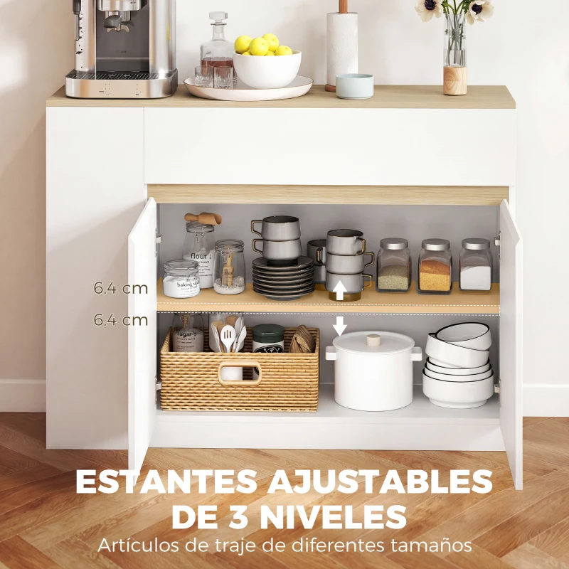 HOMCOM Aparador Armario de Cocina con 2 Puertas Cajón y 3 Estantes Abiertos para Salón Comedor 110x29,5x82 cm Blanco