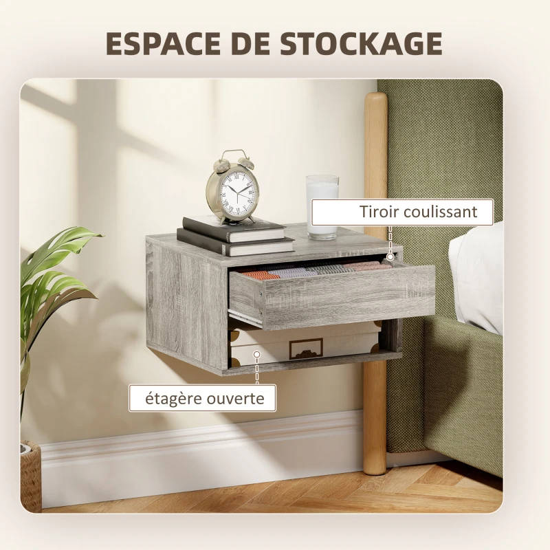 HOMCOM Lot de 2 tables de chevet murales, tables de nuit, tiroir, compartiment ouvert, plateau, 37 x 32 x 21 cm, gris