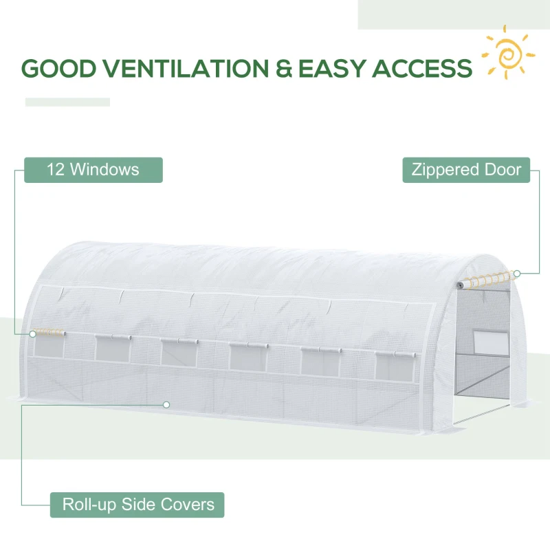 Outsunny 6 x 3 x 2 m Polytunnel Greenhouse - Walk-in Grow House Tent with Steel Frame, Reinforced Cover, Roll-up Side Walls, Zipped Door, and 12 Mesh Windows for Garden, White